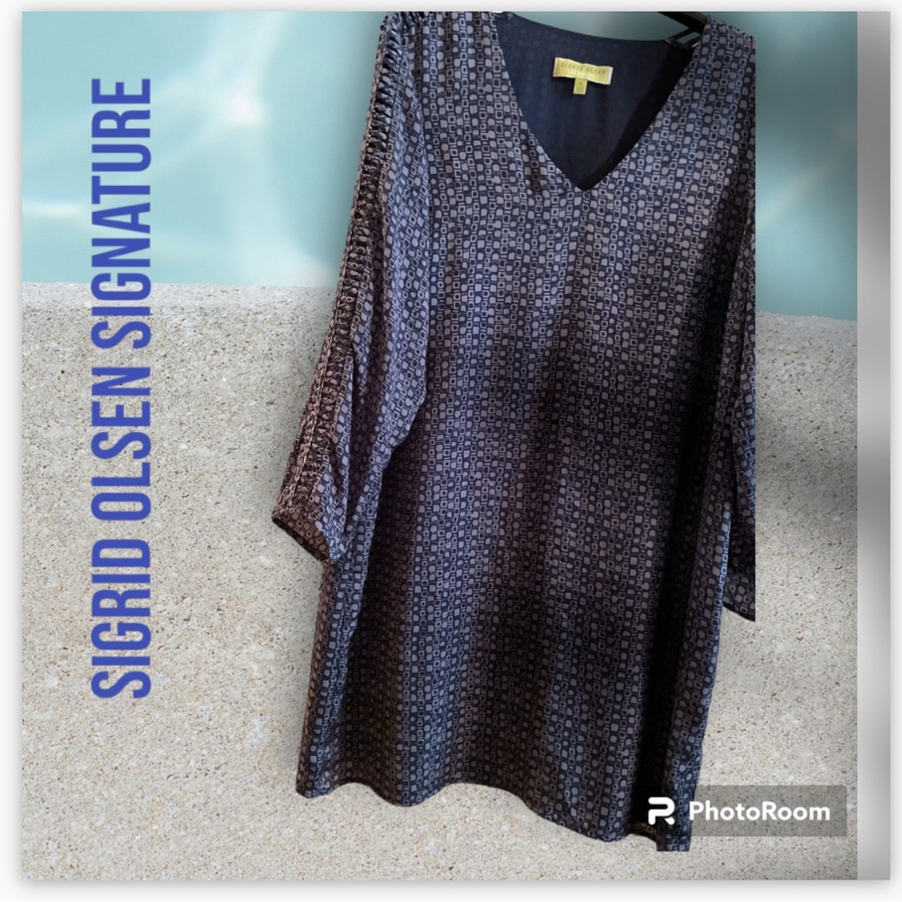 ๐ฉถSIGRID OLSEN SIGNATURE Boutique Dress Blue on Blue long open cut sleeves SZ XL - Picture 2 of 13